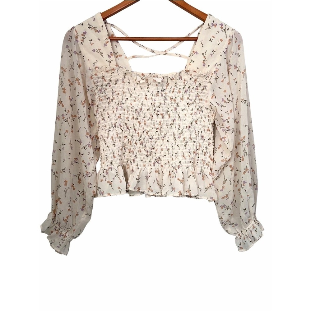 Papermoon Cream Floral Smocked Ruffle Long-Sleeve Top
